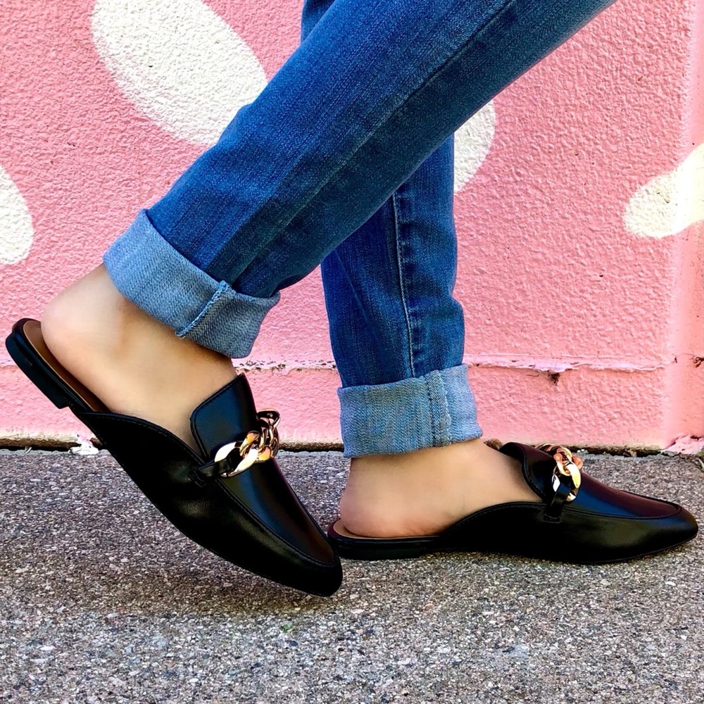 Black Vegan Leather Chain Link Mule Flats - Picture 2 of 8